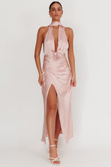 Italia Azure Halterneck Rosette Maxi Dress Blush