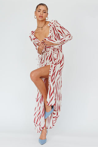 Oasis Moon Frill Trim Maxi Dress Printed Ruby