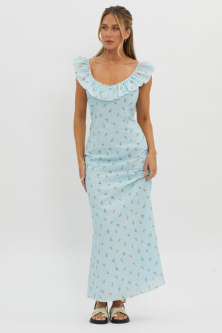 Merci Beaucoup Frill Neckline Maxi Dress Blue