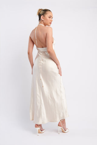 Alenni Halterneck V-Neck Midi Dress Champagne
