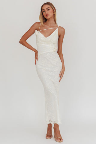 Golden Glow Rosette Cowl Neck Maxi Dress Beige