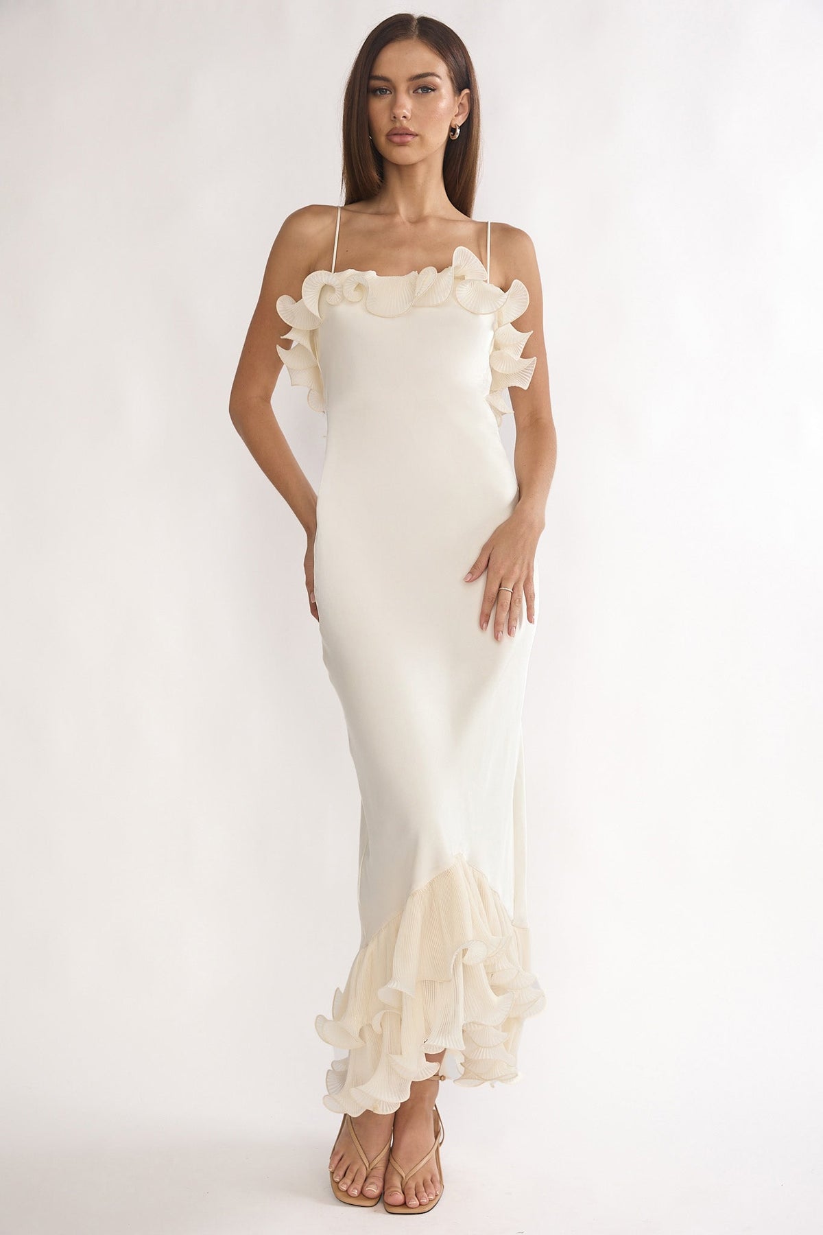 Okay. Cupid Low Back Ruffle Trim Maxi Dress Oyster
