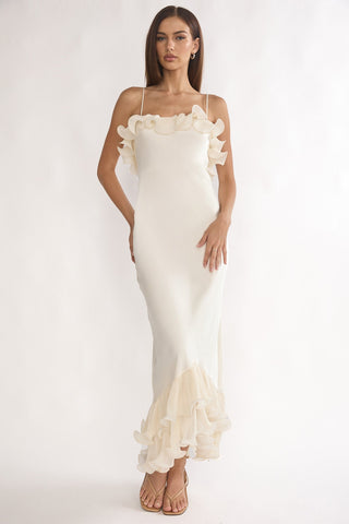 Okay. Cupid Low Back Ruffle Trim Maxi Dress Oyster