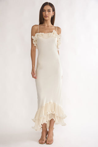 Okay. Cupid Low Back Ruffle Trim Maxi Dress Oyster