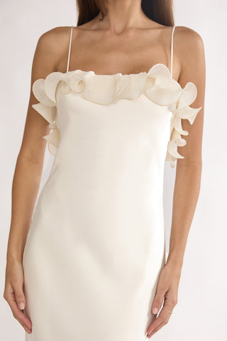 Okay. Cupid Low Back Ruffle Trim Maxi Dress Oyster