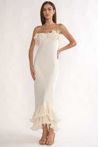 Okay. Cupid Low Back Ruffle Trim Maxi Dress Oyster