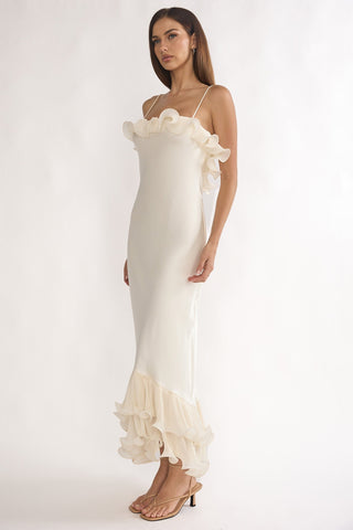 Okay. Cupid Low Back Ruffle Trim Maxi Dress Oyster