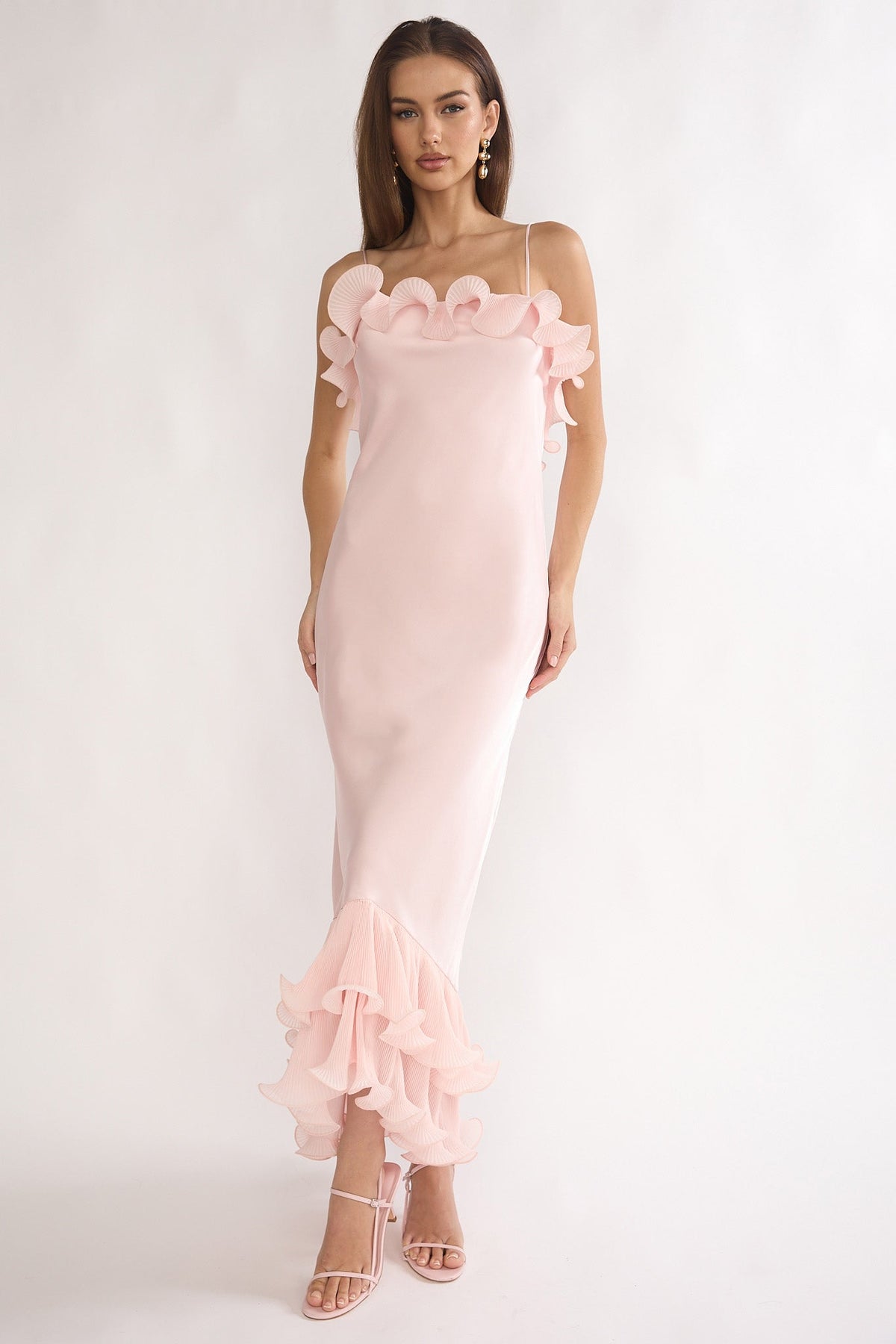 Okay. Cupid Low Back Ruffle Trim Maxi Dress Pink