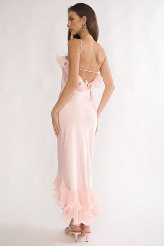 Okay. Cupid Low Back Ruffle Trim Maxi Dress Pink