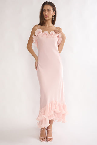 Okay. Cupid Low Back Ruffle Trim Maxi Dress Pink
