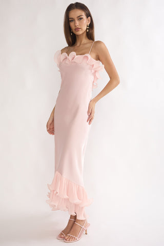 Okay. Cupid Low Back Ruffle Trim Maxi Dress Pink