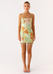 Gatiana Beaded Sequin Mini Dress - Green Floral Beaded
