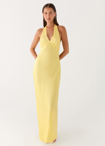 Heavy Hearted Satin Maxi Dress - Lemon