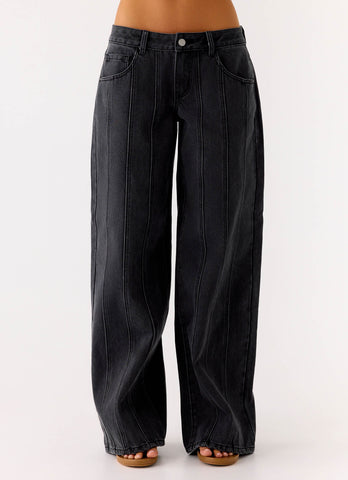 Johnny Low Rise Wide Leg Denim Jeans - Grey Charcoal
