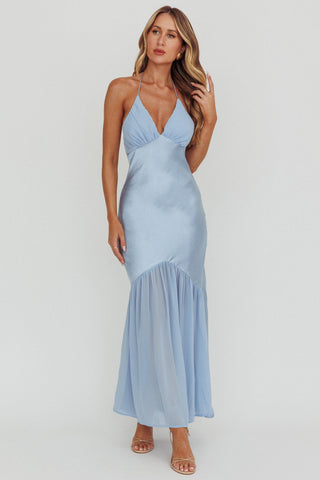 Aysah Chiffon Hem Halter Maxi Dress Light Blue