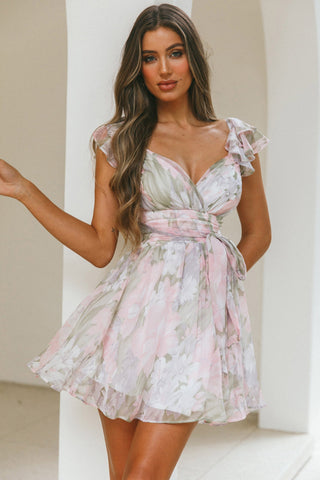 Lola Ruffle Shoulder Ruched Dress Watercolor Floral Pink Multi