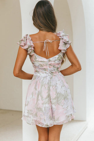 Lola Ruffle Shoulder Ruched Dress Watercolor Floral Pink Multi