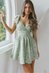 Lola Ruffle Shoulder Ruched Dress Textured Avocado