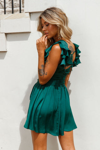 Lola Ruffle Shoulder Ruched Dress Forest Green