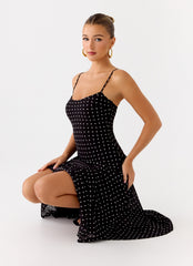 Keep You Waiting Midi Dress - Black Polkadot