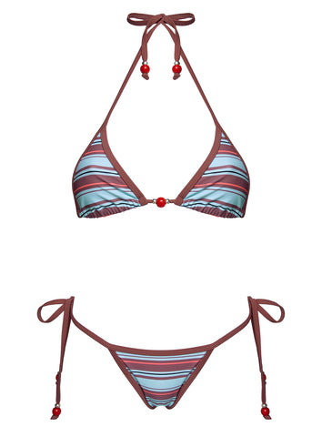 Mikaya Beaded Triangle Bikini Top Blue / Brown Stripe