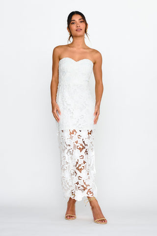 Parisa Sequin Embroidery Overlay Midi Dress White
