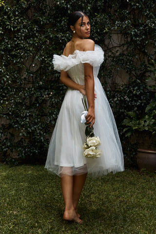 May Rose Off-Shoulder Tulle Midi Dress Off White