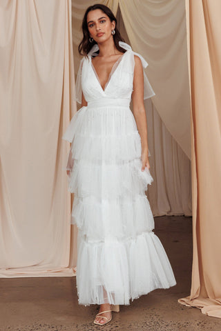 My Fair Lady Bow Shoulder Pearl Maxi Dress White