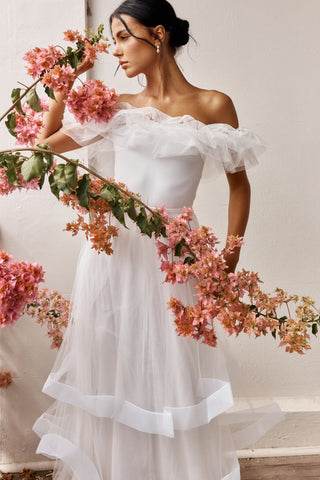 Gianni Ruffle Off-Shoulder Bodysuit White