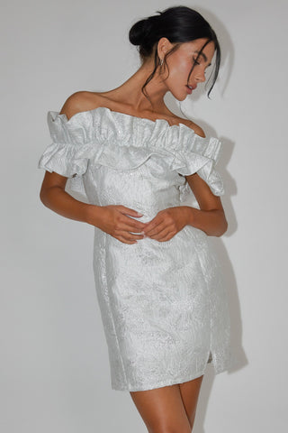 Memoire Off-Shoulder Jacquard Mini Dress Off White