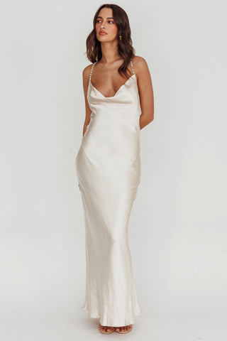 Danijela Cowl Neck Pearl Satin Maxi Dress Champagne