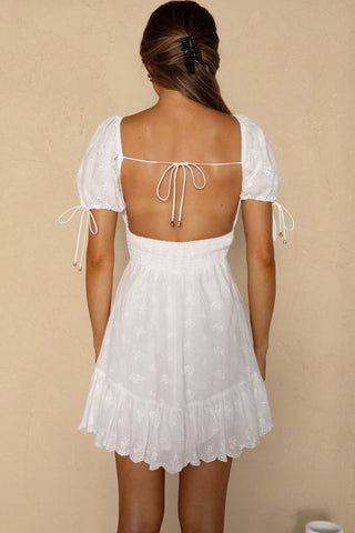 Sweet Devotion Puff Sleeve Shirred Waist Eyelet Mini Dress White