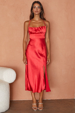 Lakoda Gathered Bust Bow Tie Back Midi Dress Red