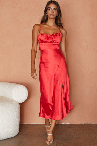 Lakoda Gathered Bust Bow Tie Back Midi Dress Red