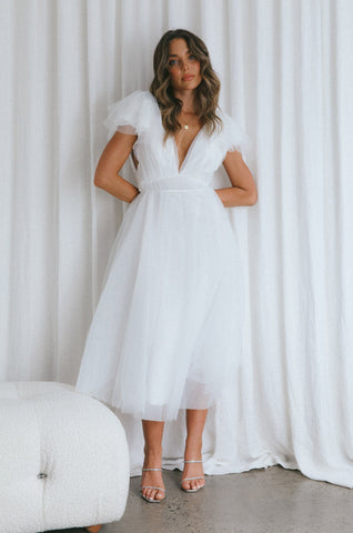 Leap Of Faith Frill Shoulder Tulle Midi Dress White