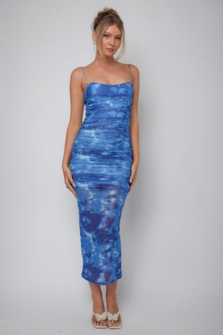 Logan Ruched Midi Dress Mottled Blue