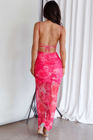 Madelyn Backless Midi Dress Rose Print Pink