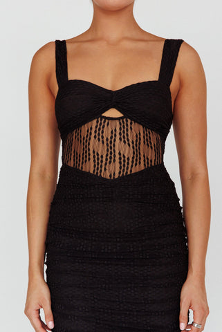 Oliana Embroidered Mesh Midi Dress Black