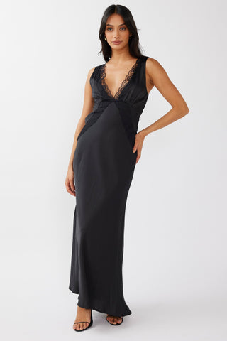 Ivonne Lace Trim V-Neck Maxi Dress Black