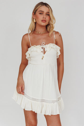 Daydream Shirred Bust Frill Trim Mini Dress White
