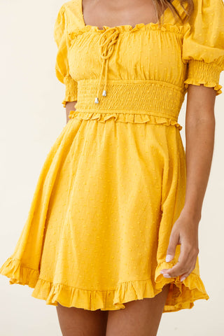 Summer In Paris Puff Sleeve Open Back Dress Mustard