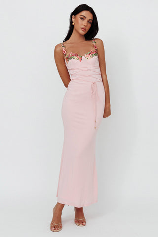 Rose Garden Floral Applique Laced Midi Dress Baby Pink