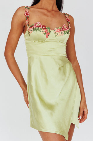 Rose Garden Floral Applique Wrap Mini Dress Lime