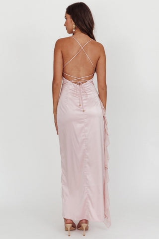 Katarina Satin Ruffle Hem Maxi Dress Cheek