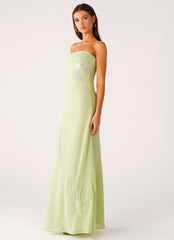 Sassafras Beaded Flower Strapless Maxi Dress - Lime