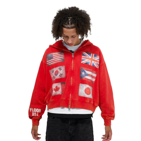 Floor 914 Flag Zip Hoodie Red