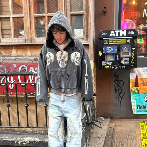 Floor 914 Skull Zip Hoodie Grey Wash