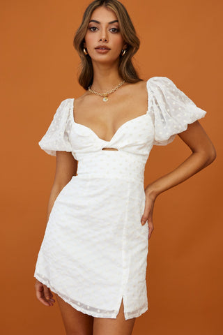 Molli Sheer Puff Sleeve Twist Feature Dress White