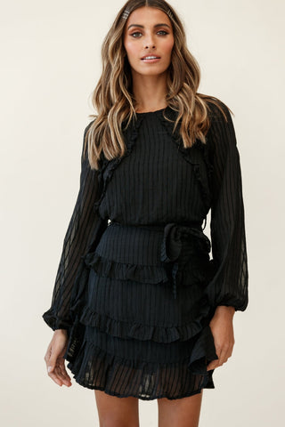 Dusk Long Sleeve Waist Tie Frill Dress Sheer Stripe Black