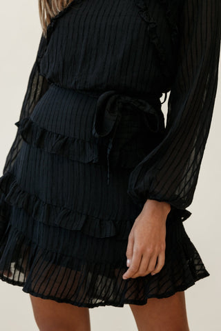 Dusk Long Sleeve Waist Tie Frill Dress Sheer Stripe Black
